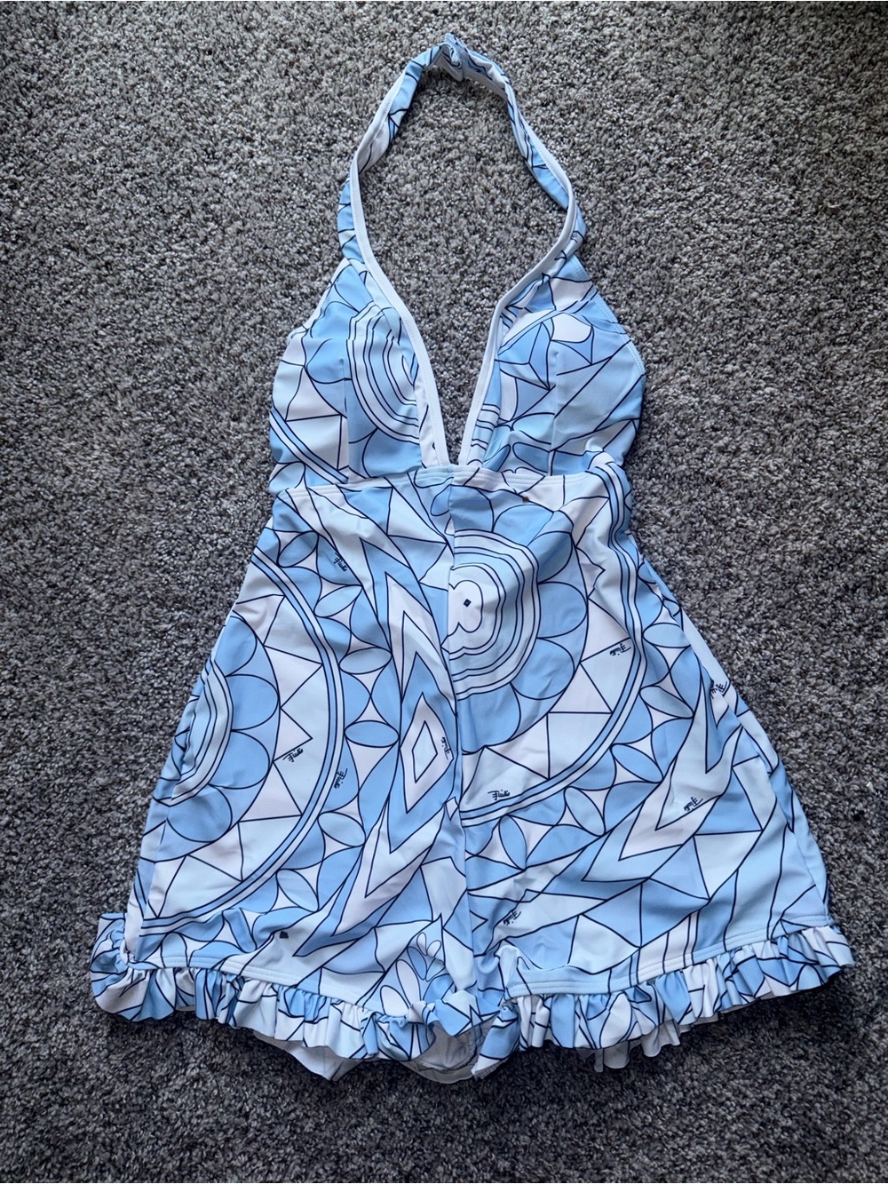 Emilio Pucci Light Blue and White Geometric Halter Swim Bodysuit Authenticated